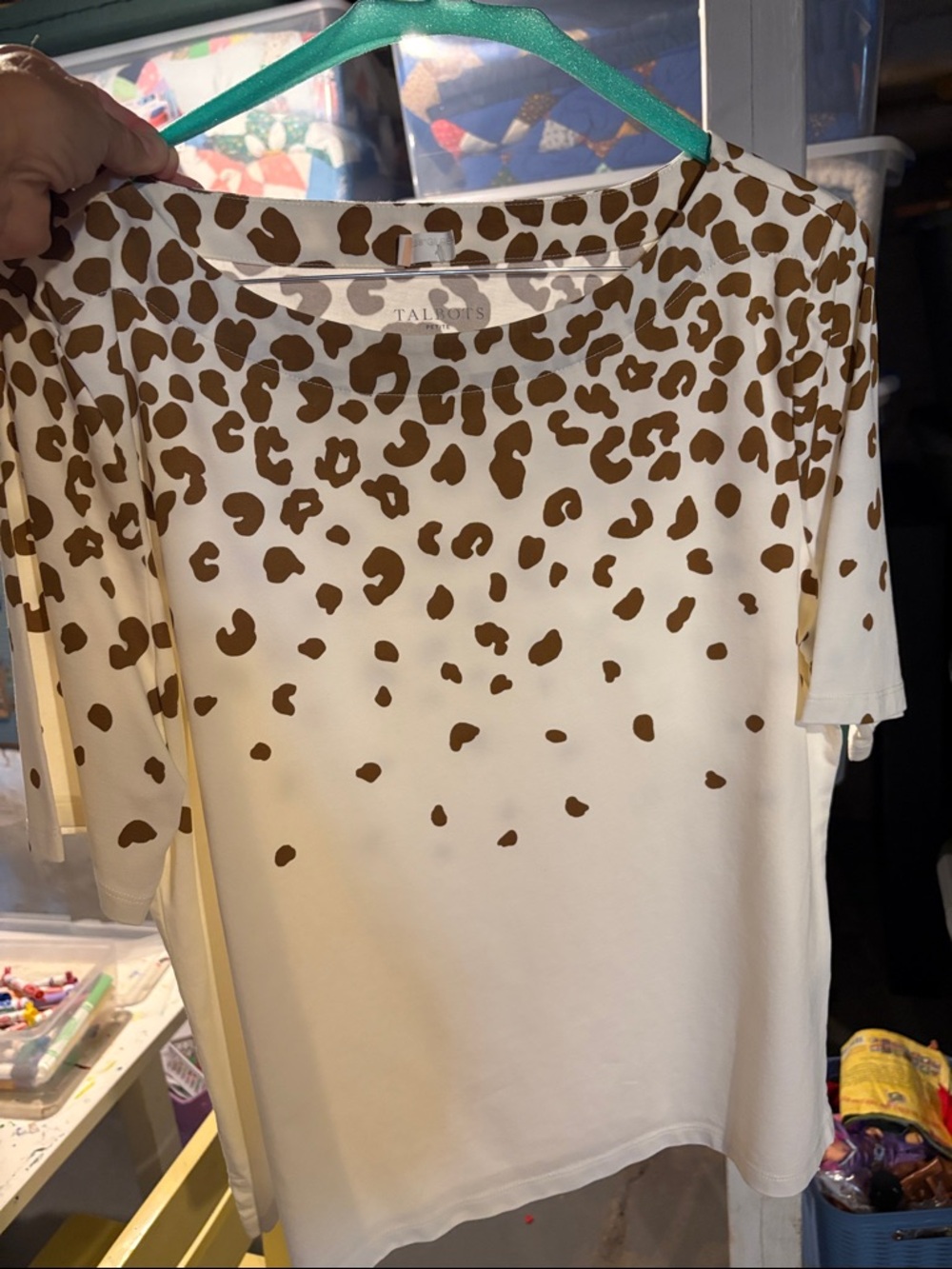 Talbots Cream and Brown Leopard-Print Short Sleeve Top